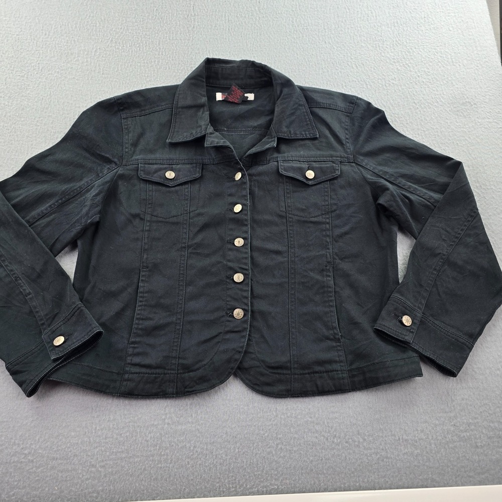 Vintage Y2K Live A Little Jacket Womens Large Black Denim Stretch Outdoor Travel